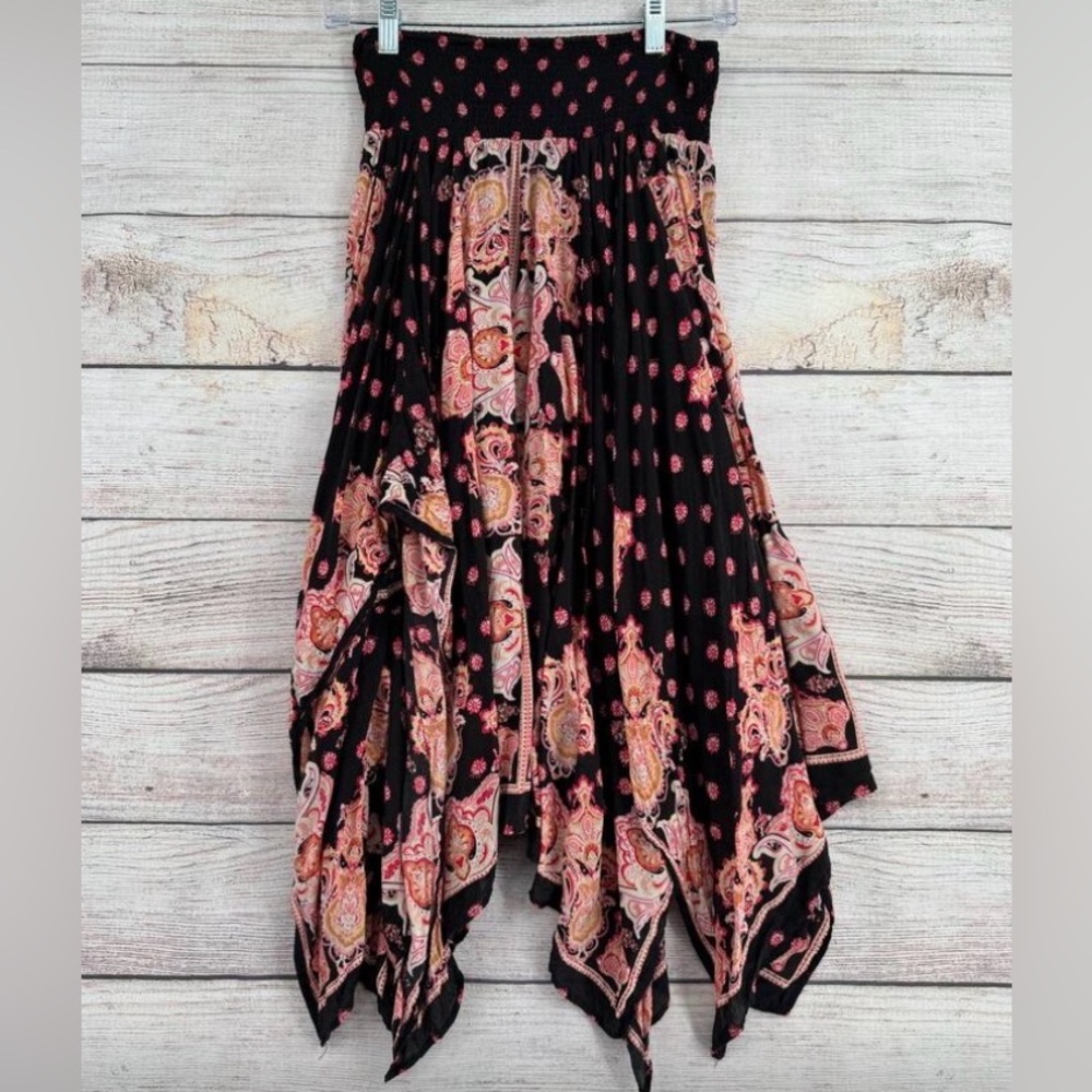 Free People Floral Paisley Handkerchief Hem Skirt Womens S Black Pink Pull On
